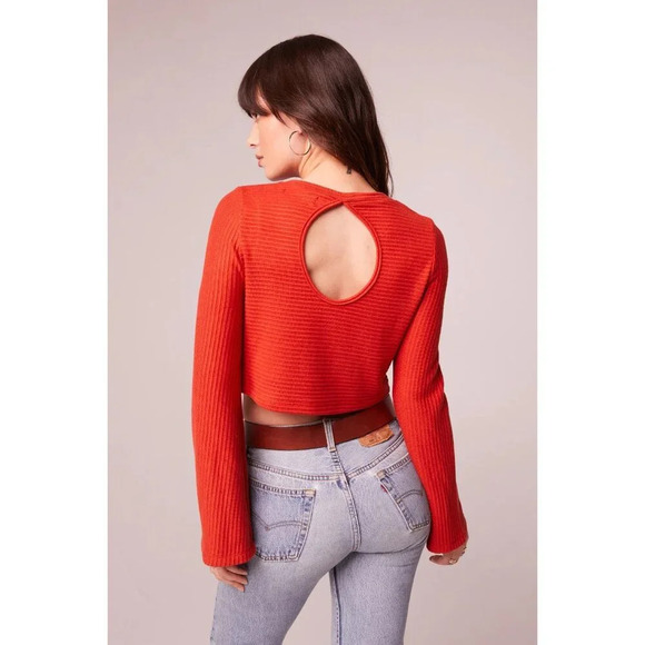 Orange Ribbed Knit Cropped Top With Bell Sleeves & Cutout Back Size S - Picture 2 of 11